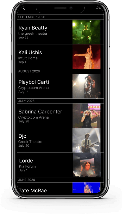 The diary screen on an iPhone: shows grouped by month, including Ryan Beatty, Kali Uchis, Playboi Carti, Sabrina Carpenter, Djo, Lorde and Tate McRae, each with the venue, date and a photo.