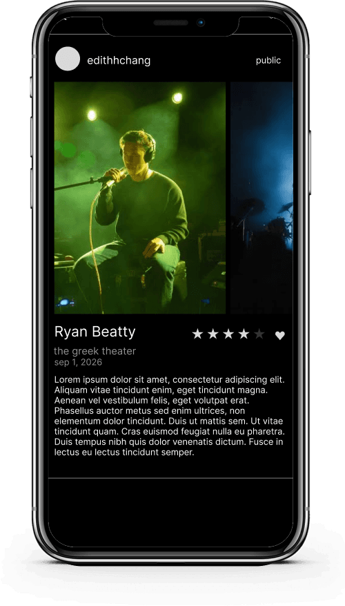 A journal entry on an iPhone for Ryan Beatty at the Greek Theater: concert photos, a four-star rating and a written review.